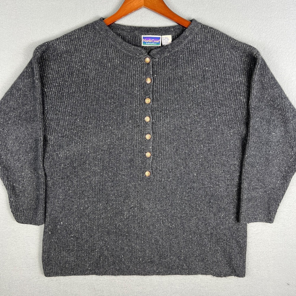VTG North Crest Sweater Womens XL‎ Gray Henley Angora Ramie Blend Knit 90s